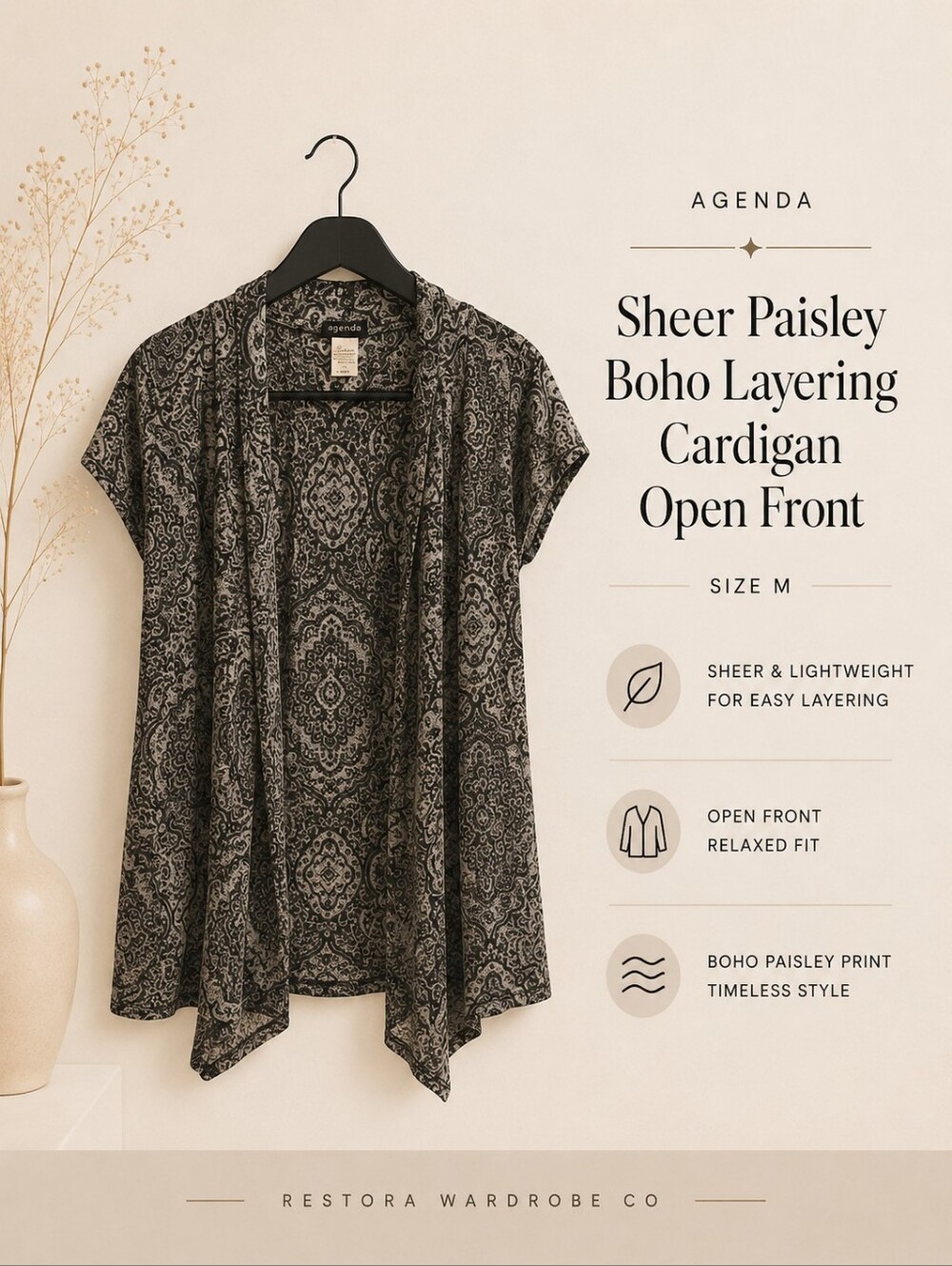 Agenda Sheer Paisley Boho Layering Cardigan Open Front